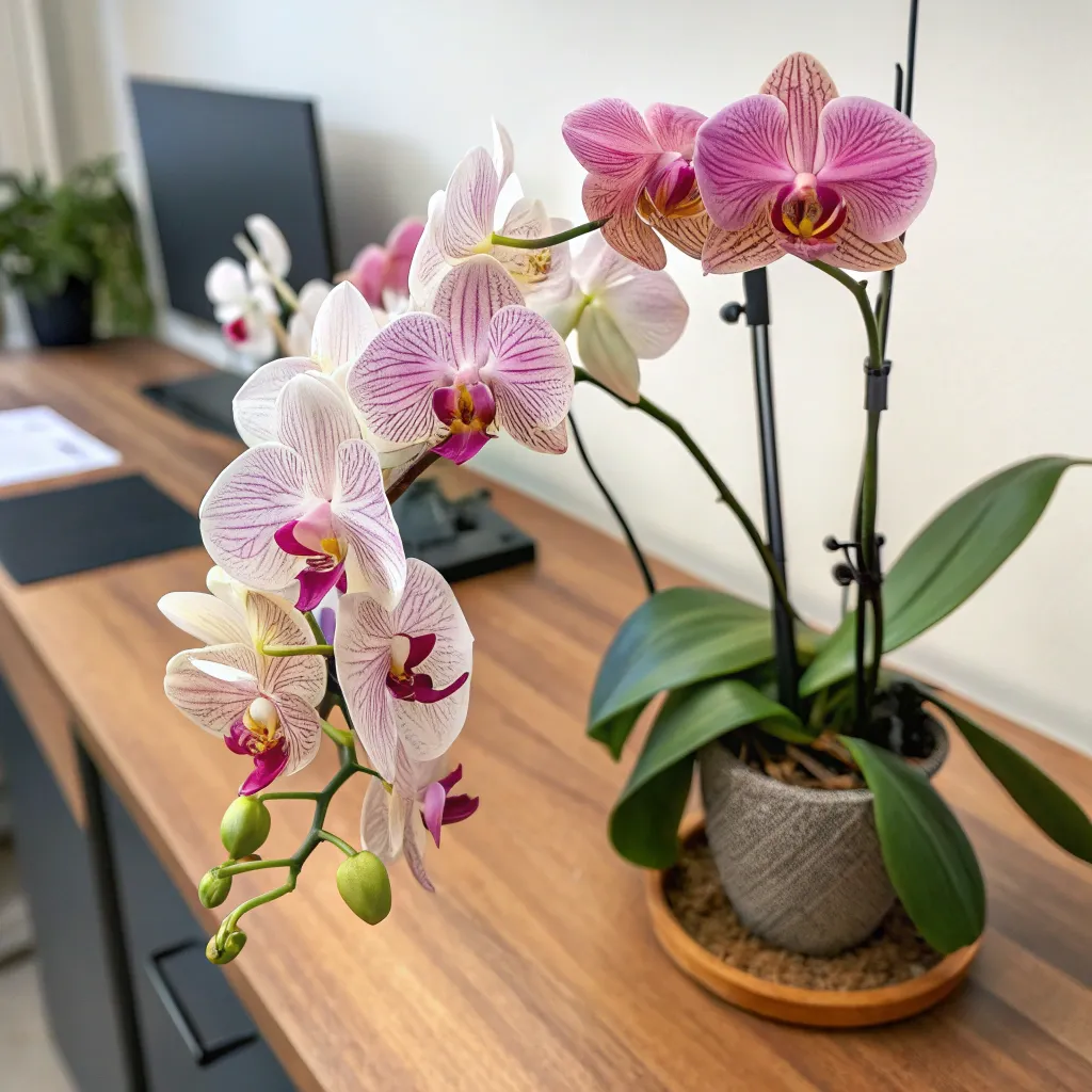 Orchid flowers on a desk